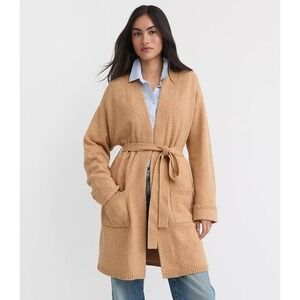 LOFT Cardigan Sweater Medium Tan Belted Open Front Pocket Longline